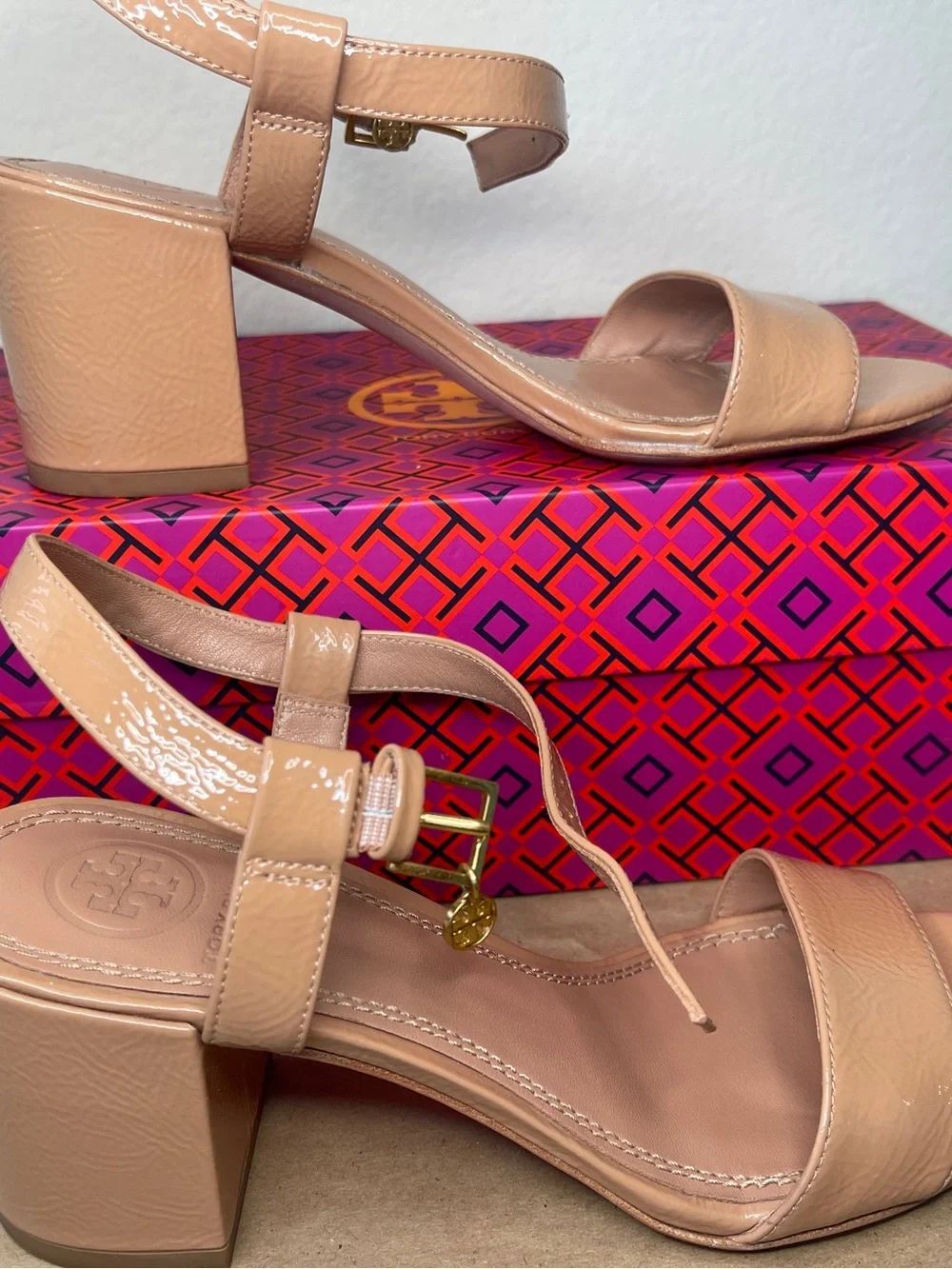 Tory Burch Patent Leather Nude Block Heel Sandals